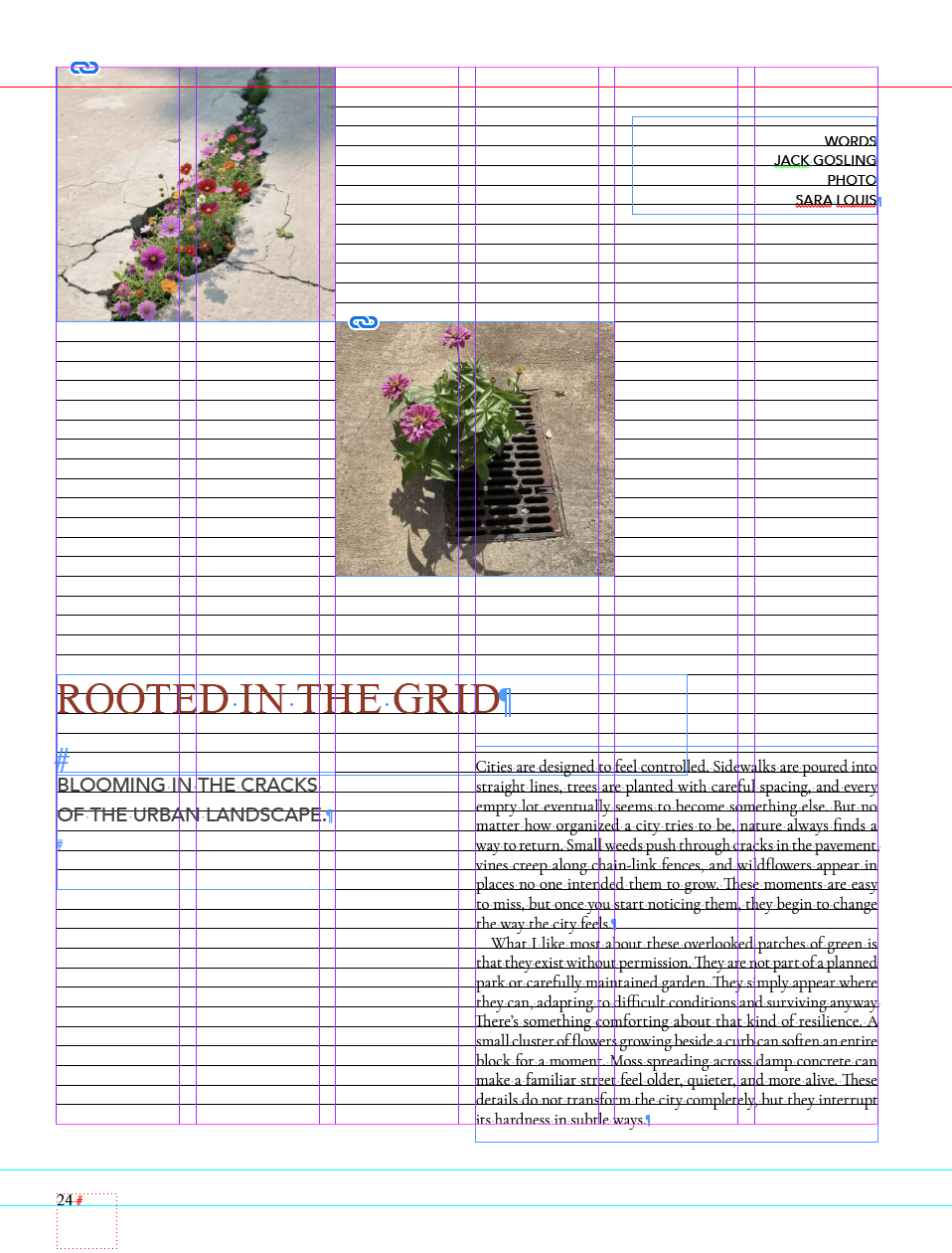 Rooted in the Grid magazine spread showing the grid in use with photos, headline, and justified body text