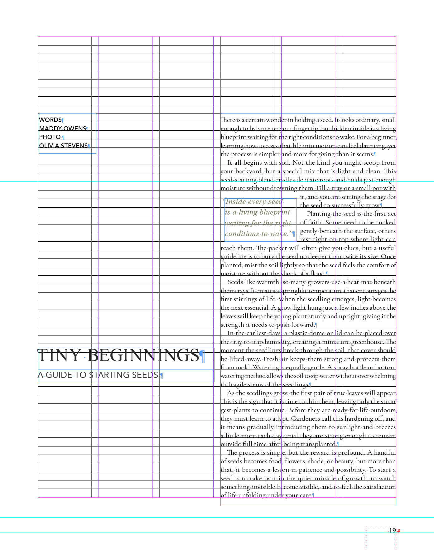 Tiny Beginnings magazine spread showing the grid structure with column guides, baseline grid, and margin guides