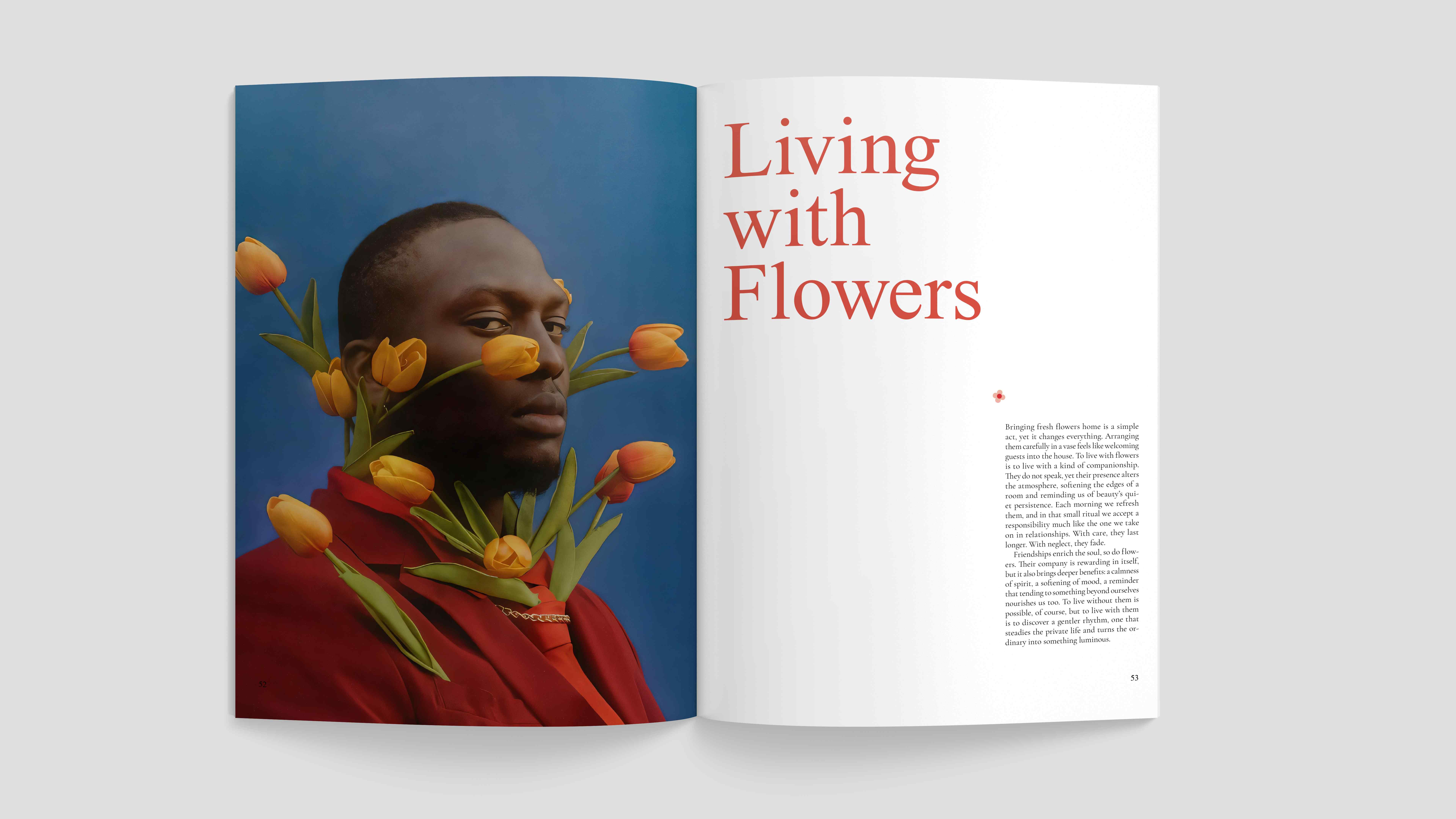 Joey Magazine spread - Living with Flowers featuring portrait with orange tulips