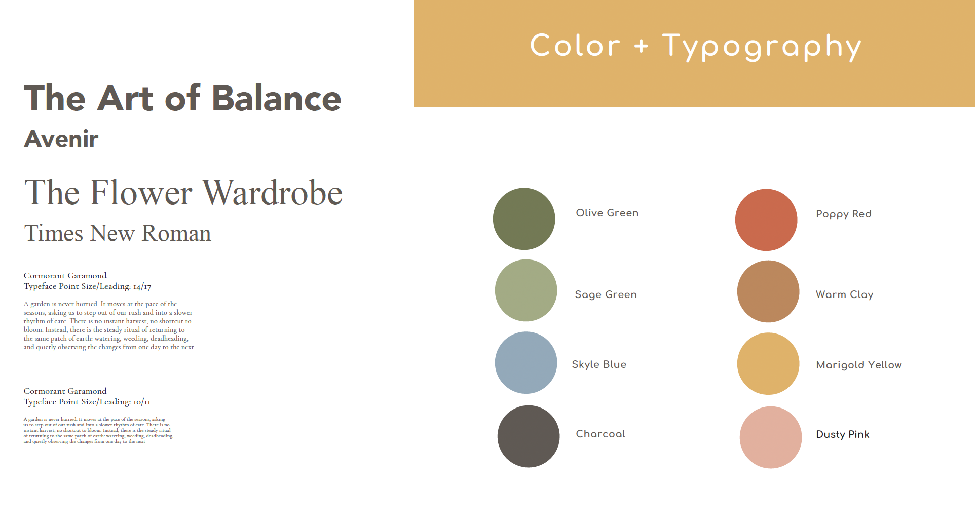 Joey Magazine typography and color palette - featuring Avenir, Times New Roman, Cormorant Garamond fonts and an 8-color palette