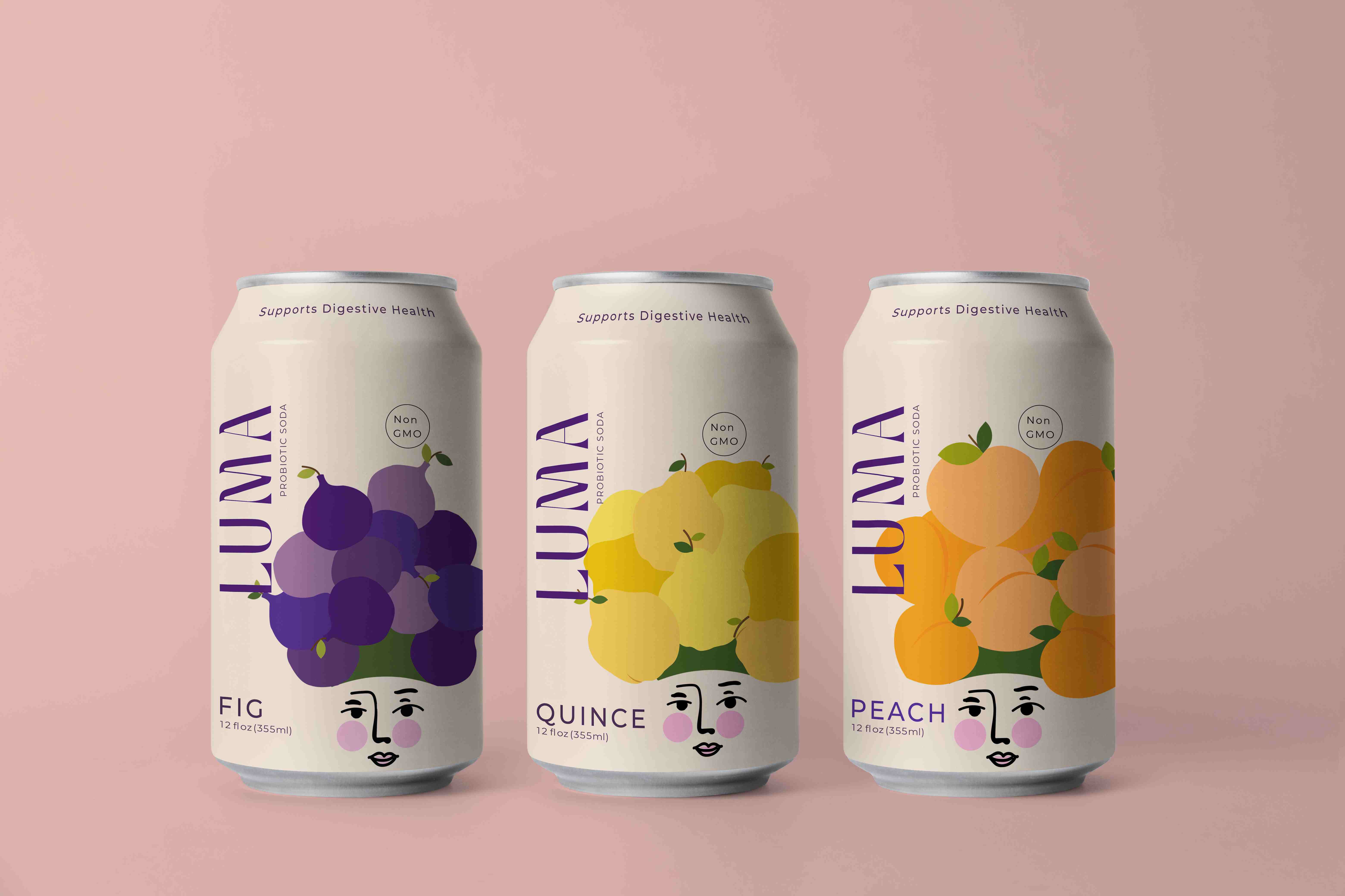 LUMA Probiotic Soda product lineup - Fig, Quince, and Peach varieties