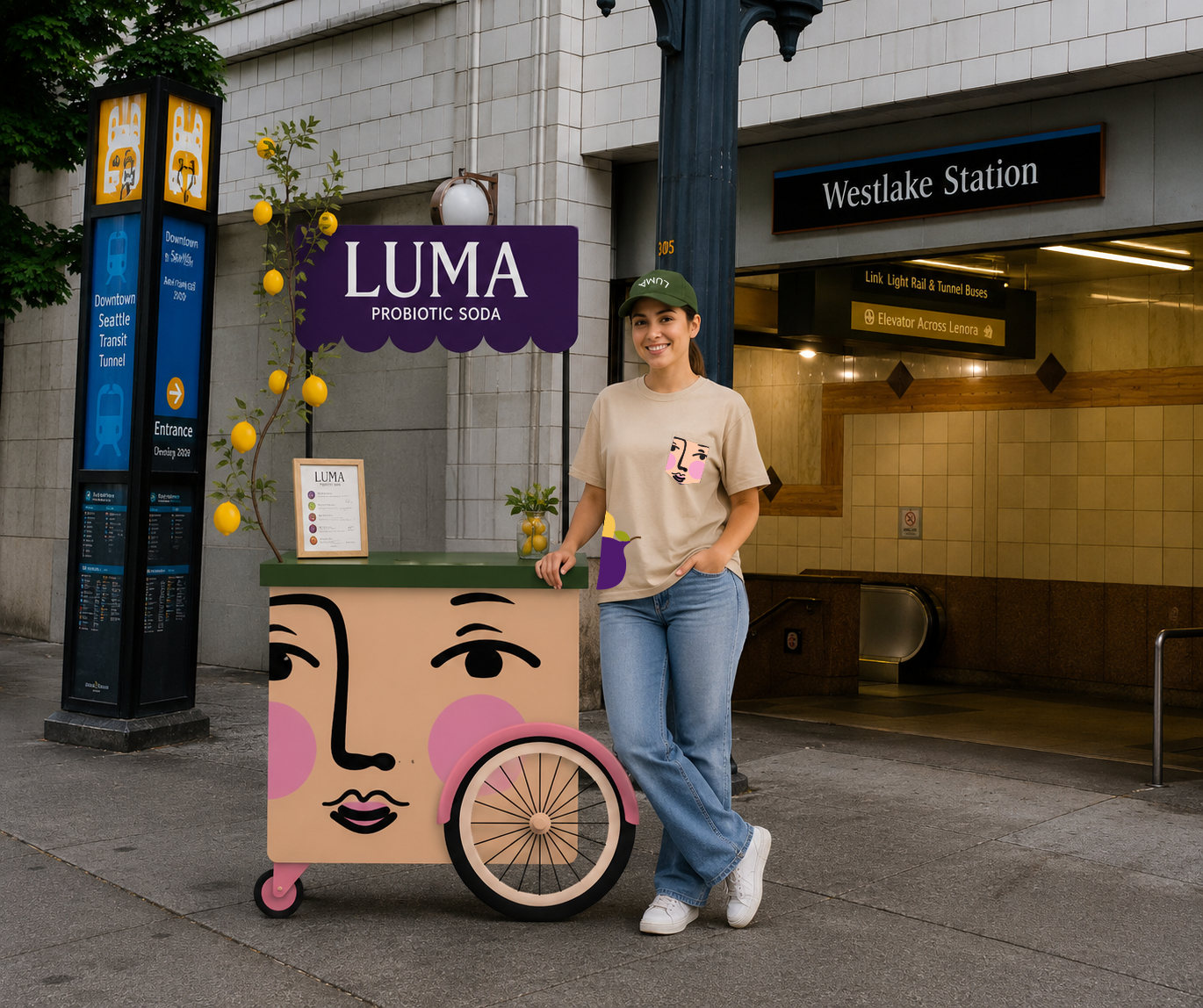 LUMA mobile bar cart at Westlake Station with stylized face design and vendor activation