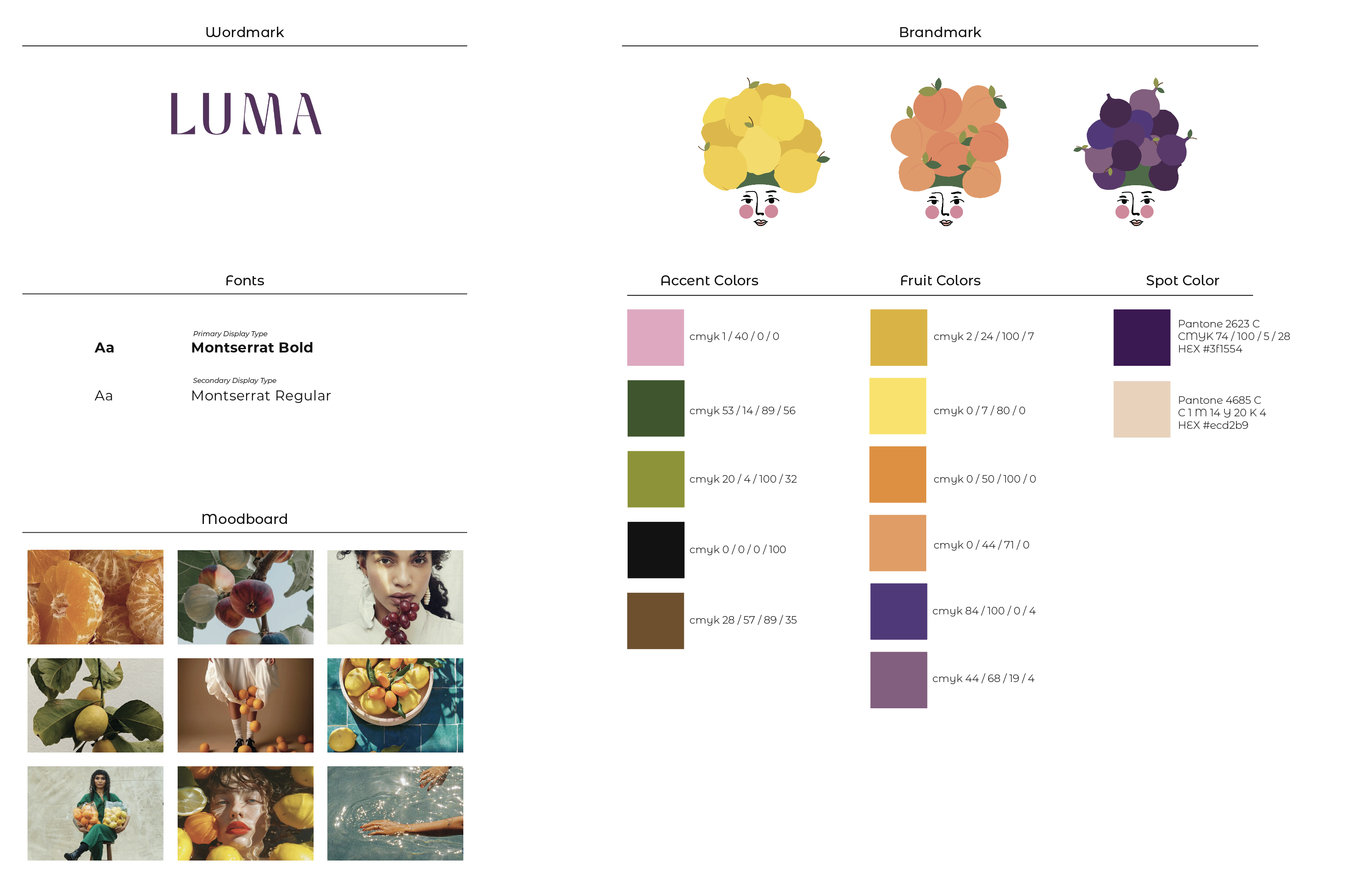 LUMA brand identity guide showing wordmark, brandmarks, fonts, color palette, and moodboard