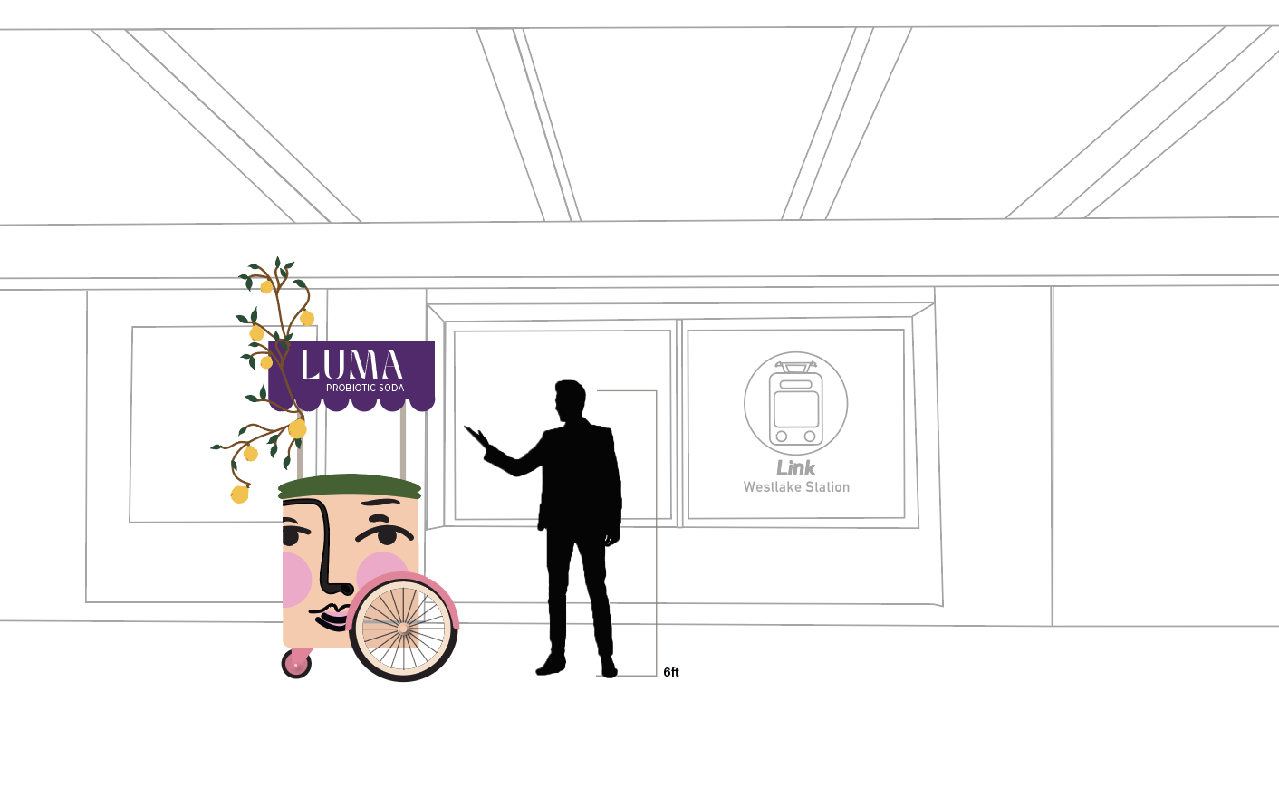 LUMA station environment design with bar cart and scale figure