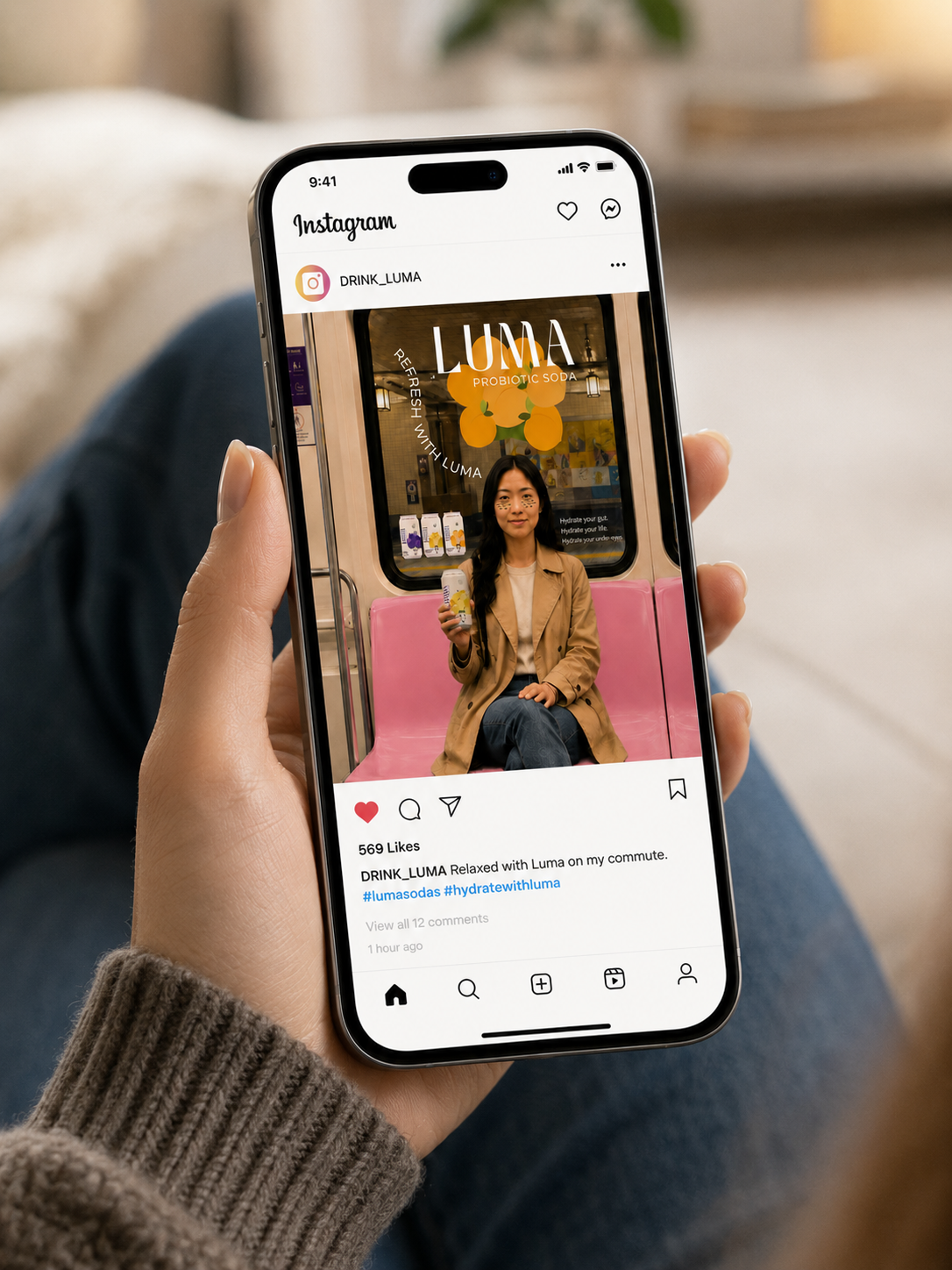 Instagram mockup of LUMA post with passenger on train