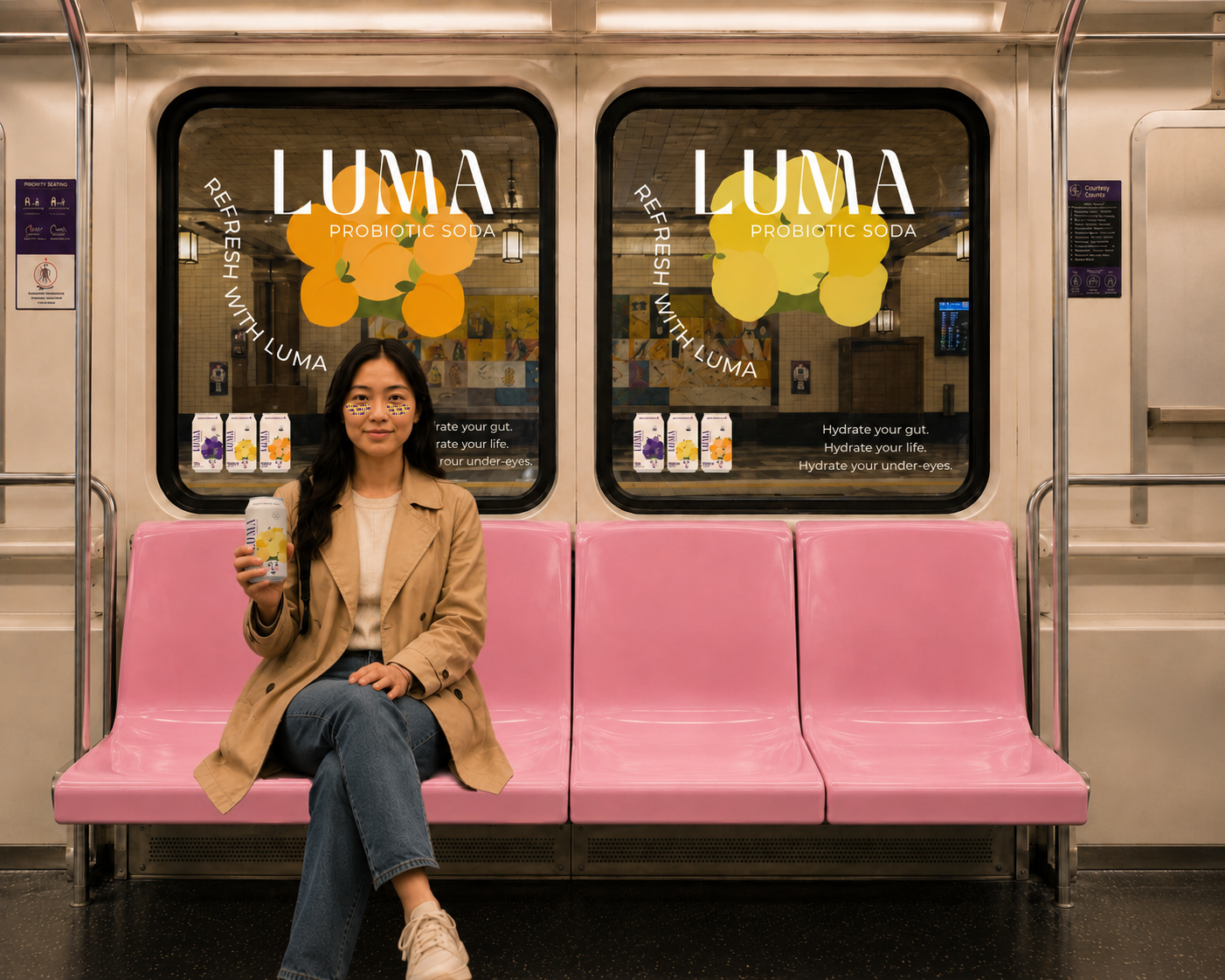 LUMA passenger holding product on branded train with windows and pink seating