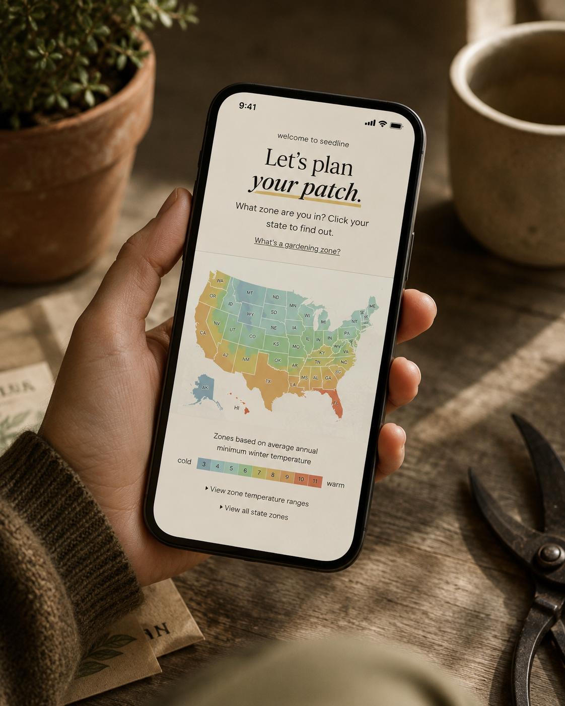 Seedline app on iPhone showing gardening zones map